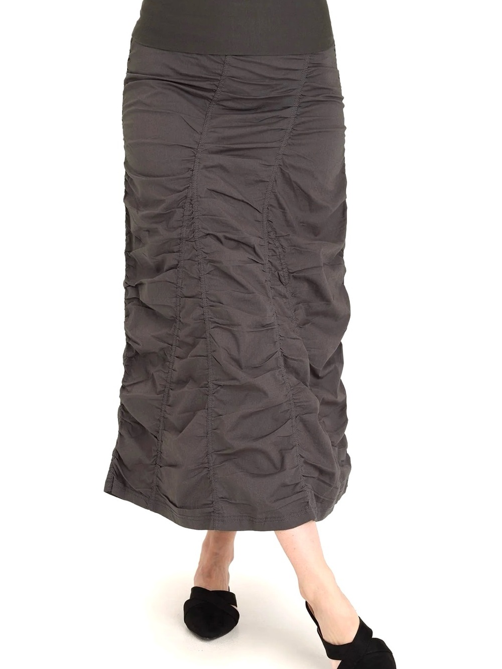 XCVI Olive Gored Peasant Ruched Midi Skirt